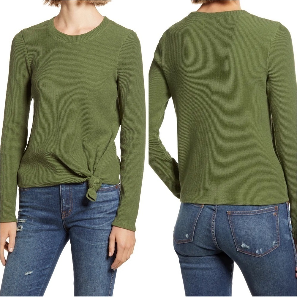 Madewell Top Elwood Knot Front Long Sleeve Jacquard Palm Tree Green XXL NWOT